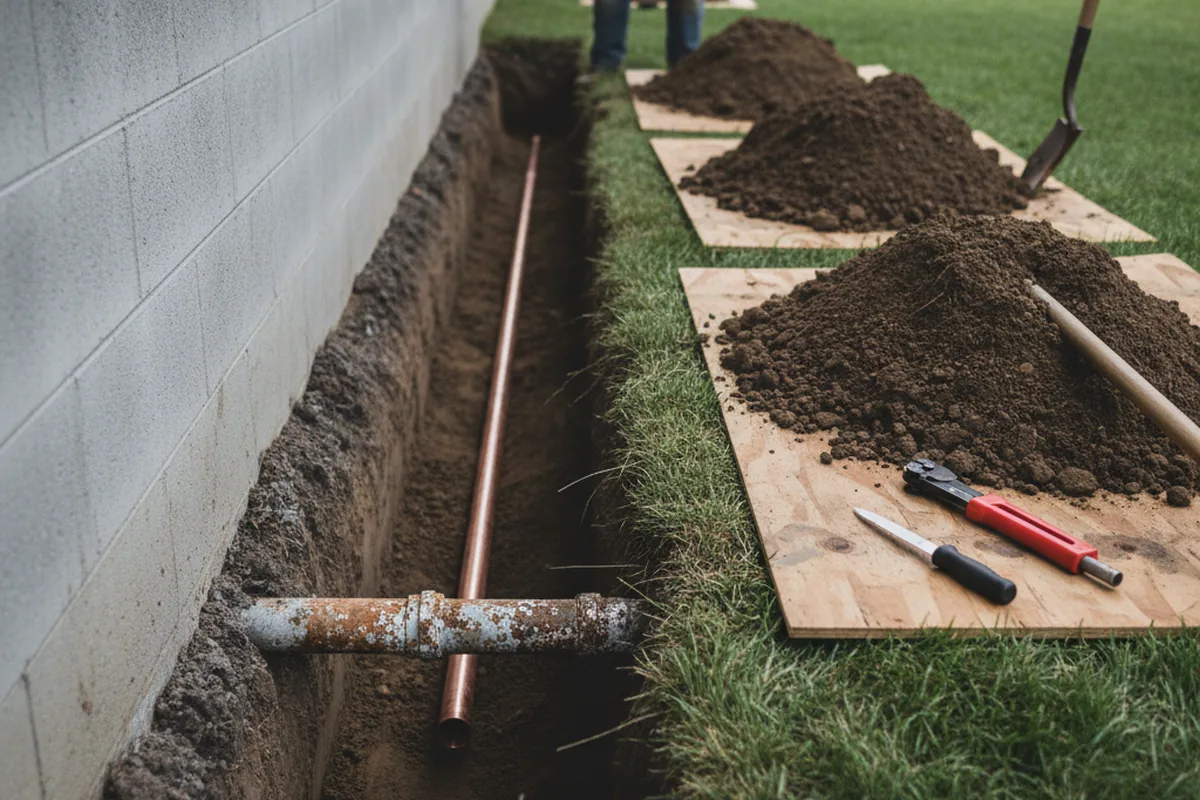 Excavated water line trench during Water Softener Installation in Rowdy